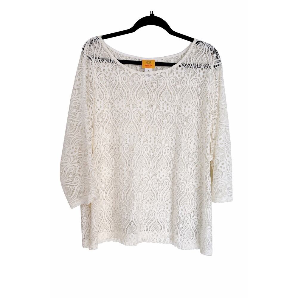 Ruby Rd Woman 1X Ivory Lace Blouse Romantic Boho Stretch Lined Plus 3/4 Sleeve